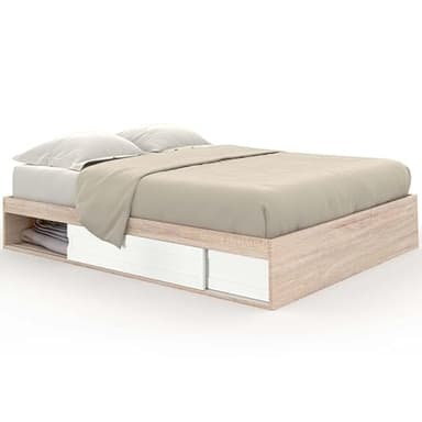 IDMarket - Cadre de lit Double Salem avec rangements et sommier 140 x 190 cm façon hêtre et Blanc