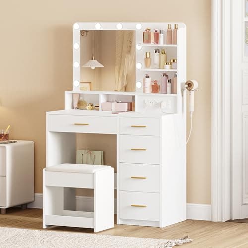 Hzuaneri Coiffeuse avec 10 Globes Lumineux LED, 3 Couleurs, Coiffeuse avec Prise Et Grand Miroir, Tabouret Et Support pour Sèche-Cheveux, Coiffeuse À Tiroirs Multiples, Blanc DT39003X