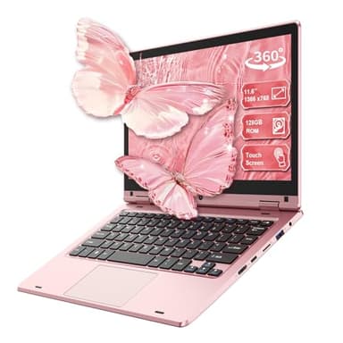11,6'' Ordinateur Portable Tactile Pliable à 360°, Laptop Celeron N4020, 6Go RAM 128Go SSD, WiFi (2,4G/5G), 1366 x 768 IPS, Bluetooth, Webcam, PC Portable sur mesure pour les professionnels - Rose