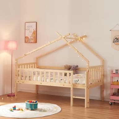 [en.casa] Lit Cabane Lit Enfant Surélevé en Forme de Maison avec Barrière de Protection Échelle Lit Mezzanine avec Sommier à Lattes Bois de Pin Contreplaqué 90 x 200 cm Naturel