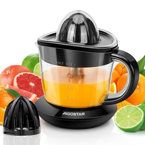 Aigostar Thomas - Presse Agrumes Electrique 40W, Capacité 0.7L, Sans BPA, Jus Orange Citron Pamplemousse, 2 cônes interchangeables, Bec anti-goutte, rotation bidirectionnelle, Noir