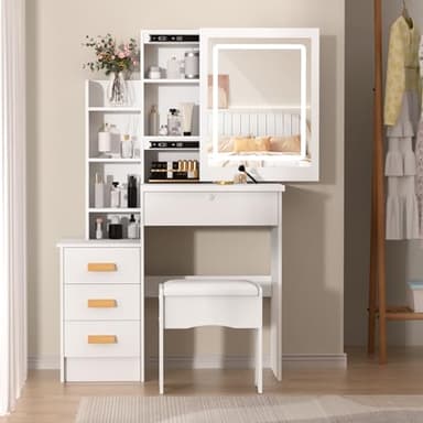 Coiffeuse avec Miroir LED, Luminosité Réglable en 3 Couleurs, Table de Maquillage avec 4 Tiroirs et Étagères de Rangement, Bureau Coiffeuse avec Miroir et Tabouret pour Chambre à Coucher, Blanche