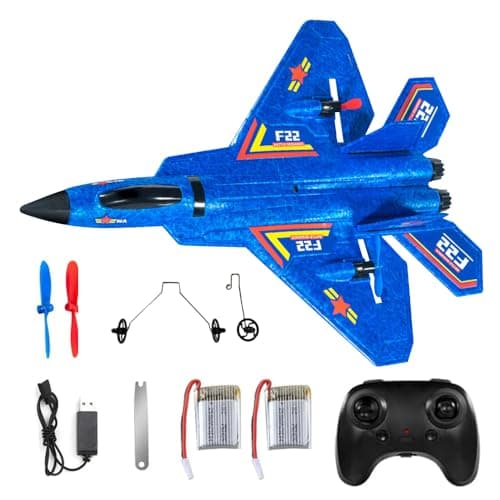 KQWVZ Avion Télécommandé F-22, Radiocommandé 2.4 Ghz de Chasse, Planeur Volant pour Enfants, Garçons, Débutants (Bleu)