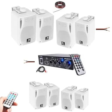 LTC - Pack HiFi Ampli Bluetooth Stéréo USB SD MFA1200USB-BT-BL 2x50W - 4 Paires Mini Enceintes B416 Blanches 80W - Restaurant Commerce