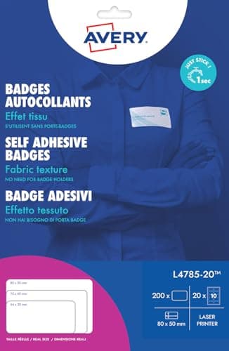 Avery Badge Autocollant Adhésif Textile - 200 Badges Autocollants Soie Acétate Blanche 80 x 50 mm - Impression Laser - Étiquettes Autocollantes - Badges Personnalisables Vêtements - Badge Avery
