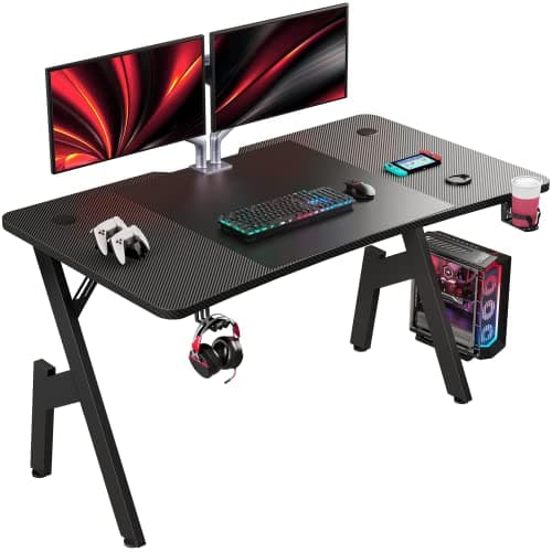 HLFURNIEU 140 x 60 cm Bureau Gaming, Bureau Gamer Informatique Ergonomique, Table Gaming en Fibre de Carbone, Gamer Desk avec Porte Gobelet et Crochet pour Casque, Noir