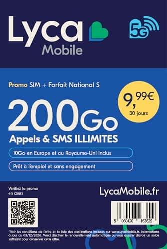 Lycamobile SIM Prépayée France – 200Go Internet, Appels & SMS Illimités – 10Go Europe/UK – Forfait National S – Sans Engagement, Activation Facile