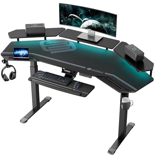 EUREKA ERGONOMIC Bureau Gaming LED 182x76cm en Forme d'Aile Bureau Assis Debout Électrique Bureau Gamer Réglable en Hauteur avec Plateau pour Clavier, Étagère de Moniteur