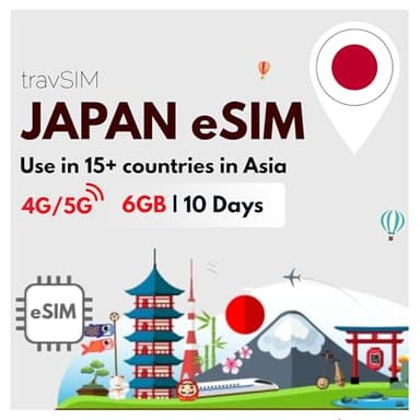 travSIM eSIM Japon | 6Go de données Mobiles | Itinérance Gratuite en Corée du Sud, Chine et dans Plus de 12 Pays asiatiques | Le Forfait sur Cette eSIM Japon est valable 10 Jours.