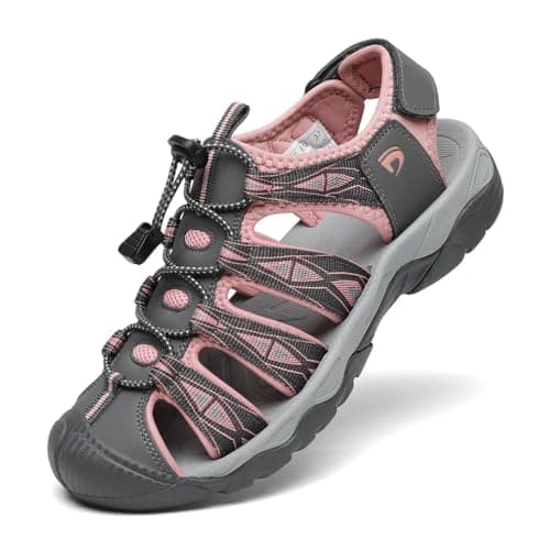 Dannto Sandales de Randonnée pour Femme Sandales de Marche Bout Fermé Sandales de Sport Extérieur de Plage de Trekking(rose gris,38)