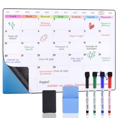 POPRUN 60x40 cm Calendrier Adhesif Tableau blanc Planning Mural, Planificateur Mensuel/Semainer effaçable parfait pour Planification des Tâches, Organiseur Hebdomadaire Repas familial - en Français