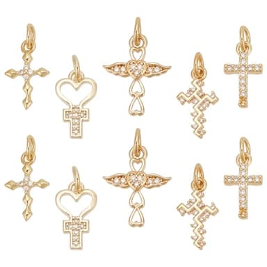 PH PandaHall 10pcs 5 styles Pendentif Croix en Or 18 carats Pendentif en Zircon Charm Brillant Charms Religieux Petites Croix Collier Pendentif en Zircone Cubique pour la Bijoux pour Filles
