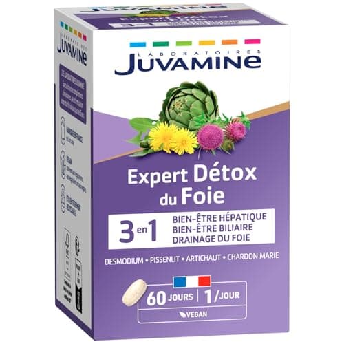JUVAMINE - Expert Detox du Foie 3-en1 - Artichaut - Charbon Marie - Desmodium - Pissenlit - Detox et Drainage du Foie - Bien-être Hépatique - 60 Jours - Fabriqué en France