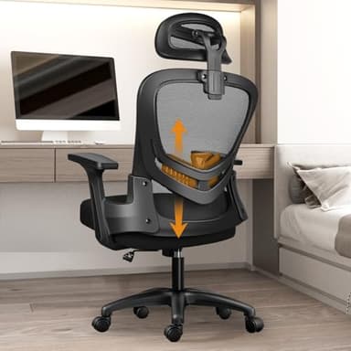 LIMBALAY Chaise de Bureau Ergonomique avec Support Lombaire, Fonction Basculante, Appui-tête Réglable, Accoudoirs et Hauteur Ajustables, Siège en Maille Respirante, Chaise Pivotante pour Ordinateur