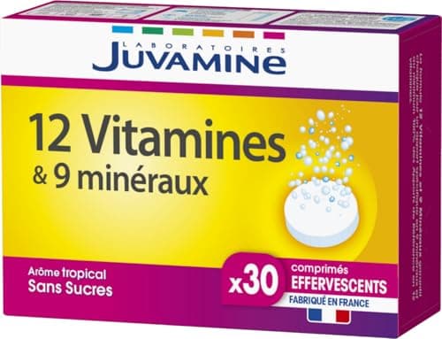 JUVAMINE 12 Vitamines & 9 Minéraux, Fatigue, Stress, Vitamines C, B2, B3, B6, B9 et Fer, Programme de 30 jours, 30 Comprimés Effervescents, Arôme tropical, Fabriqué en France