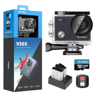 AKASO V50 X Caméra de Sport avec Carte Mémoire microSDXC U3 64 Go, Action Camera Sport 4K 30FPS Ultra Full HD Stabilisateur avec Télécommande Écran Tactile Angle Réglable Kit d'Accessoires