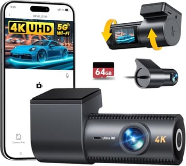 CIEVIE Dashcam Voiture Avant Arrière 4K+1080P, 5GHz WiFi Caméra Embarquée Voiture avec Carte SD 64G, Écran IPS de 1,5″, Capteur G, Vision Nocturne, Enregistrement en Boucle, Moniteur de Stationnement