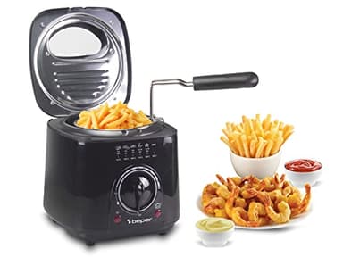 BEPER P101FRI100 Friteuse électrique 1L, 850-950W, Panier en acier amovible, Couvercle avec hublot, Filtre lavable amovible, Température réglable, Pieds antidérapants, Noir