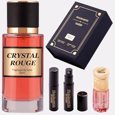 Parfum CRYSTAL ROUGE - FRAGRANCES BY SASSO - Coffret Luxe - Extrait De Parfum 50ml + Essence Pure 3ml + 2 Échantillons OFFERT - Coffret Cadeau - COLLECTION PRIVEE