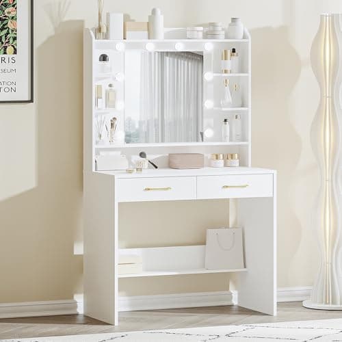 Hzuaneri Coiffeuse avec Miroir et éclairage LED, Luminosité Réglable, Coiffeuse avec étagères et 2 Tiroirs, Table de Maquillage pour Chambre à Coucher, Salon, 40 x 80 x 149 cm, Blanc EDT08203XV1