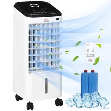 HOMCOM Climatiseur refroidisseur d'air ventilateur humidificateur 3 en 1 sur roulettes télécommande 3 modes 3 vitesses minuterie et oscillant réservoir 3,5L avec 2 blocs réfrigérants blanc