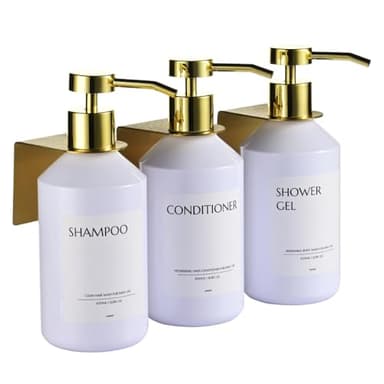 Janxin Lot de 3 Distributeur de Savon Mural, Distributeur de Savon Mural pour Douche, 500ml, Aucun Perçage Nécessaire, Mural, Blanc (Flacon Blanc + tête dorée)