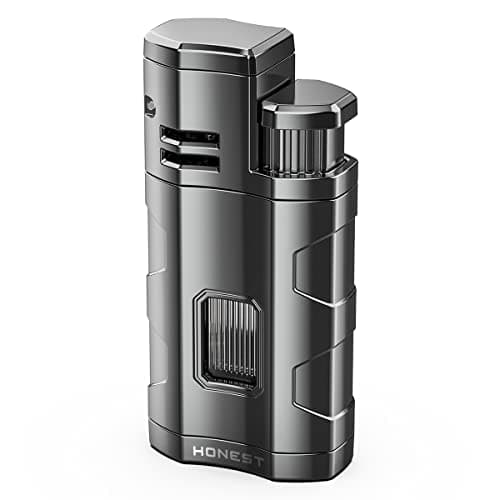 JOPOO Briquet Tempête à Triple Jet de Flamme Réglable Coupe-Vent Gaz Butane Rechargeable avec Poinçon (Vendu sans gaz)