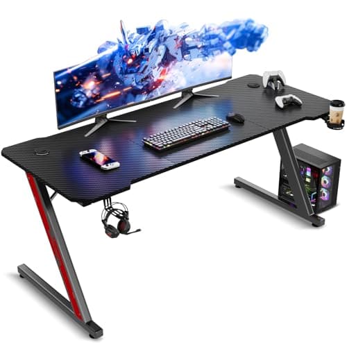 TRIUMPHKEY Bureau Gaming, 140x60CM Table de Jeu, Bureau Robuste pour Ordinateur Ergonomique,Surface en Fibre de Carbone,Crochet pour Casque et Porte-gobelet,Cadre en Forme Z Moderne, Carbon Noir