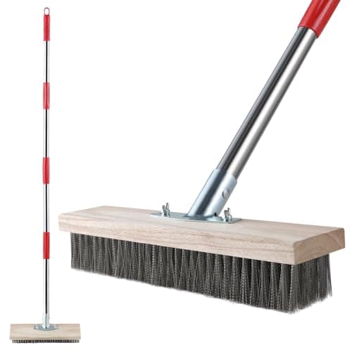 Mitclear Balai Métallique Robuste avec Manche Télescopique(145cm), Brosse en Métal Rigides pour Enlever Les Mauvaises Herbes, Mousse et Taches Tenaces, Balai à Récurer pour Patio, Terrasse et Jardin