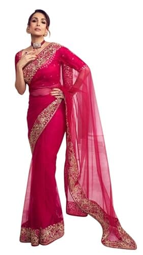 TRAFAART Sari En Filet Pour Femme Cadeau De Mariage Indien Sari Brodé Avec Chemisier Non Cousu Robe Ethnique - Rose