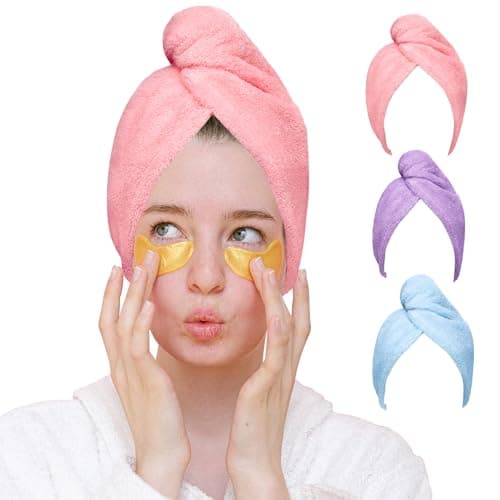 Good Nite Lot de 3 Serviettes Microfibre Cheveux Turban Séchage Rapide Super Absorbant avec Bouton pour Cheveux Bouclés ou Longs