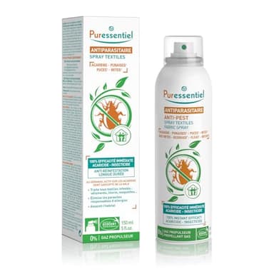 Puressentiel - Assainissant - Spray Textiles Antiparasitaire aux Huiles Essentielles - Formule naturelle - Traite tous textiles et mobiliers infestés par acariens, punaises, puces et mites - 150 ml
