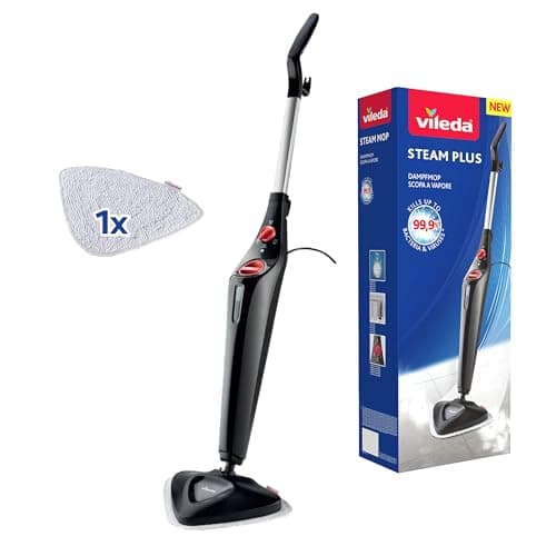 Vileda Steam Plus, Balai Vapeur, Nettoyeur Vapeur pour Un Nettoyage hygiénique, Tue jusqu'à 99,9% des bactéries et des Virus, Idéal pour Tapis et moquettes, Pas d'utilisation de Produits Chimiques