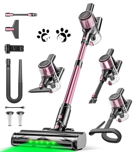 SUXIANGVAC Aspirateur Balai sans Fil 45kPa/500W/45min, Aspirateur sans Fil Puissant avec 3 Niveaux de Puissance, LED Display, Brosse Anti-Enchevêtrement pour Sols, Tapis et Voiture - Rose