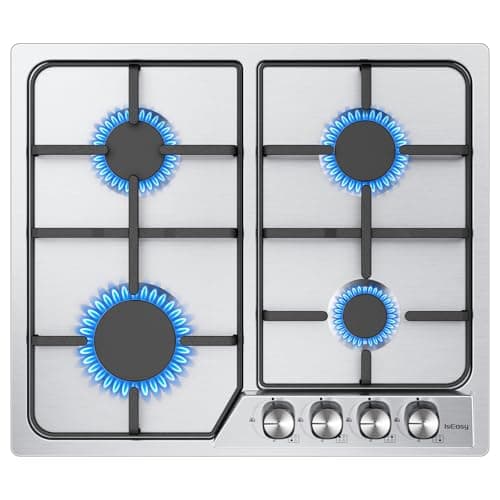 IsEasy Plaque de Cuisson Gaz 4 Feux Inox, Plaque Gaz 4 Feuxs Encastrable, Table de cuisson 7200W, Avec Supports en Fonte, Gazs Ville et Bouteille