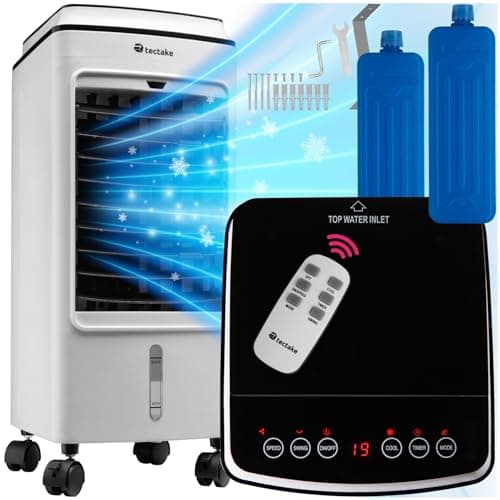 tectake® Climatiseur Mobile sans évacuation 3 en 1 Ventilateur Humidificateur Refroidisseur d'air 3 Programmes avec Télécommande Éclairage LED Ventilateur oscillant pour Chambre Salon Bureau