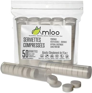 AMLOO 50 Serviettes Compressées Magique. Mini Serviette de Voyage Santé Sports de Plein Air. Petite Serviette Visage, Oshibori et Rince Doigts Jetable, Portable avec 5 Étuis de Transport