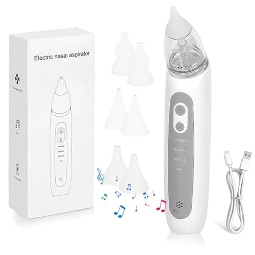 Mouche Bébé Electrique, Aspirateur Nasal, Comprend 6 silicone doux(3 types, deux de chaque), 3 Niveaux D'Aspiration, Rechargeable mouche pour les tout-petits et les tout-petits, avec Musique (Blanc)
