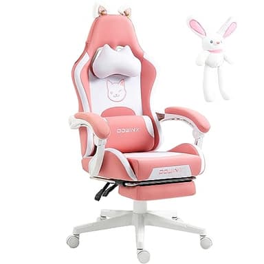 Dowinx Chaise Gaming- Sweet Cat Edition - Chaise d'ordinateur Ergonomique avec Dossier Haut et Soutien Lombaire, Cuir PU, Repose-Pieds,Rose
