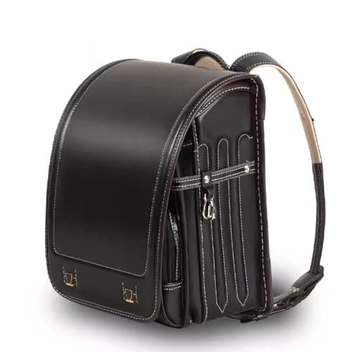 ZCBYBT Ransel Randoseru PU en Cuir Boîte Japonaise Sac À Dos avec Verrouillage Automatique Léger Cartable, pour Filles Garçons,Noir,35 * 27 * 18cm