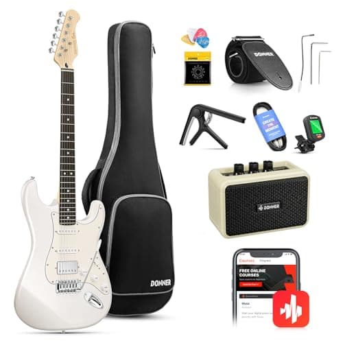 Donner Guitare électrique, kit de guitare électrique pleine grandeur HSS Pickup Coil Split, ensemble de guitares électriques pour adultes avec amplificateur, sac, accessoires, DST-152W blanc
