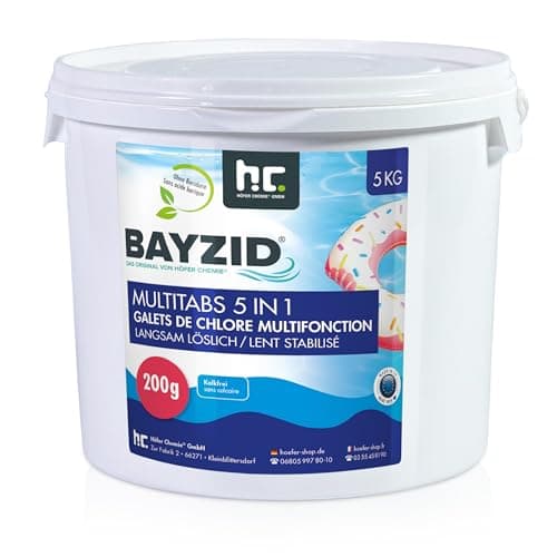 Höfer Chemie 5 kg Galets Chlore 200g Multifonction 5 en 1 pour Piscine - Entretien et Nettoyage en 5 Phases - Fabriqué en Europe - pour Une Eau Limpide