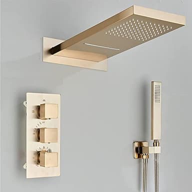 Yalsfowe Système de douche thermostatique or brossé, cascade pommeau de douche avec douchette, Colonne de douche encastrable, robinet de douche, mitigeur de douche, Set de douche