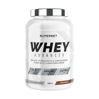Superset Nutrition - 100% Whey Proteine Advanced (900g) - 74% de protéines - Isolat + Concentrat + Hydrolysat, Digestion optimisée, Riche en BCAA et en glutamine - Chocolat