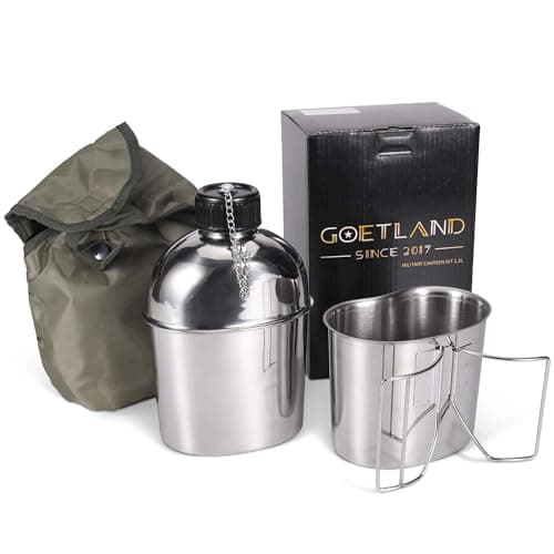 Goetland Gourde Militaire Americaine Inox 1,2l avec 0,6l Quart Tasse Pochette Nylon Armée Américaine Camping Quart Accessoires