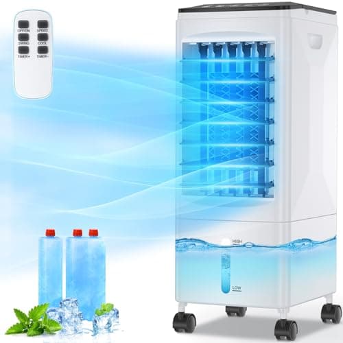 Climatiseur Mobile Silencieux, Refroidisseur d'air 5.5L Climatiseurs Portables Économie d'énergie Ventilateur Humidificateur avec 3 Vitesses, Télécommande, 1-7H Minuterie, pour Maison Bureau Chambre