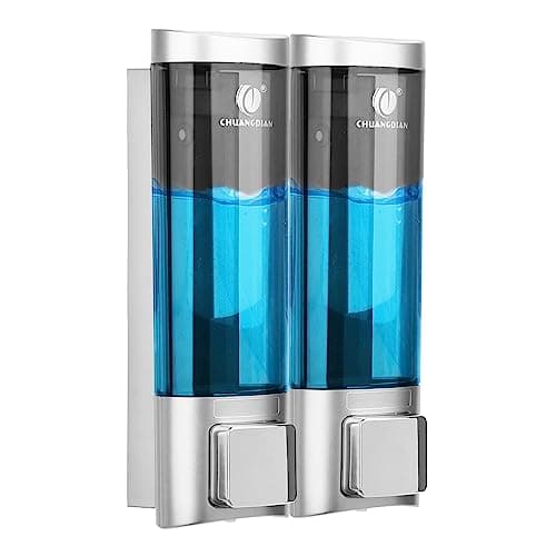 CASMIGC Distributeur de Savon Mural, Distributeur de Gel Douche, Distributeur de Savon de Douche sans Perçage, Distributeur de Savon Manuel, Deux Méthodes d'Installatio, ABS (2 x 200 ML) (Argent)