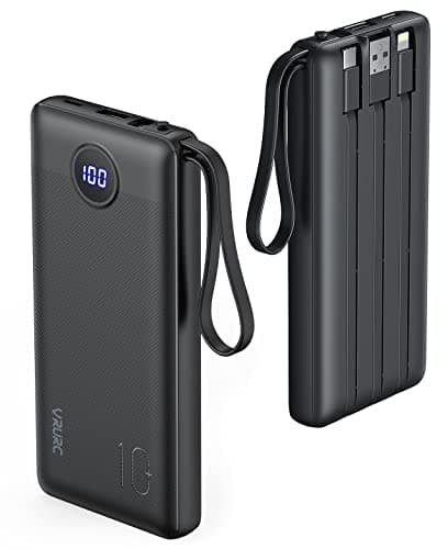 VRURC Batterie Externe Câble intégré 10000mAh Power Bank USB C 5 Sorties Ultra Mince Batterie Portable avec l’Ecran LED pour iPhone Huawei Samsung (Noir)