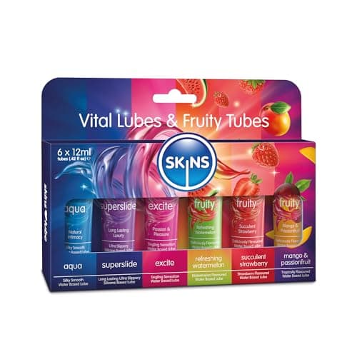 SKINS Sex Lube - Pack de six tubes de gel lubrifiant comprenant un lubrifiant à base d'eau, un lubrifiant en silicone, 3x lubrifiants aromatisés, un lubrifiant excitant et un lubrifiant anal