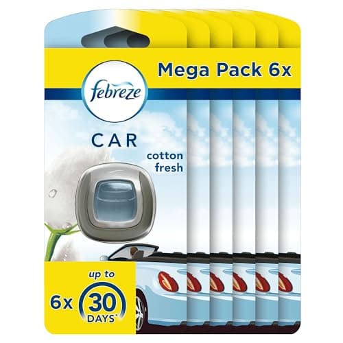Ambi Pur Febreze Désodorisant Voiture, Mega Pack de 6, Pureté de Coton, Parfum Voiture, Élimine Les Odeurs Persistantes Et Laisse Un Parfum Frais